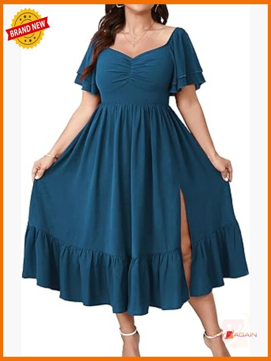 Dresses & Skirts - Plus Size Sweetheart Neckline Ruffle Slit Maxi Dress Cocktail Wedding Guest